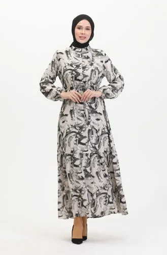 Önden Düğmeli Bağcıklı Keten Elbise 0520A-04 Bej Siyah