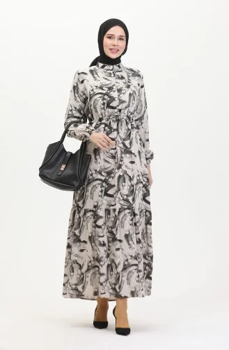 Önden Düğmeli Bağcıklı Keten Elbise 0520A-04 Bej Siyah