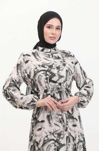 فستان كتان منقوش 0520A-04 بيج أسود 0520A-04