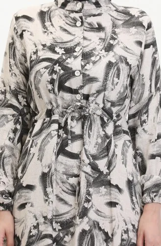 Önden Düğmeli Bağcıklı Keten Elbise 0520A-04 Bej Siyah