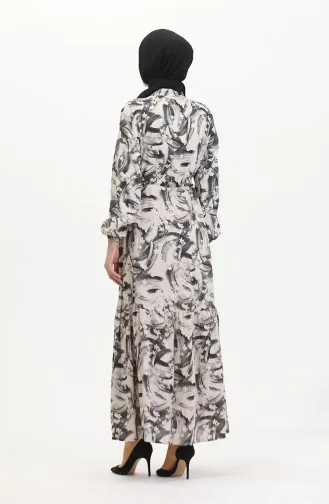 Önden Düğmeli Bağcıklı Keten Elbise 0520A-04 Bej Siyah