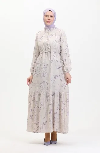 فستان كتان منقوش  0520C-05 بيج بنفسجي فاتح 0520C-03