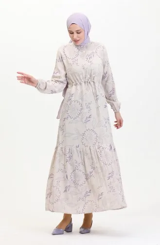 فستان كتان منقوش  0520C-05 بيج بنفسجي فاتح 0520C-03