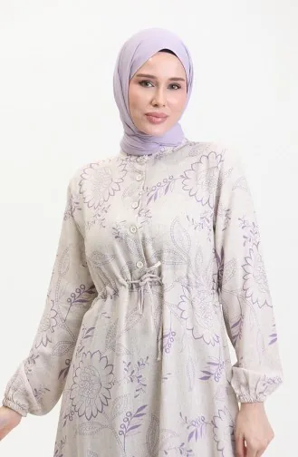 فستان كتان منقوش  0520C-05 بيج بنفسجي فاتح 0520C-03