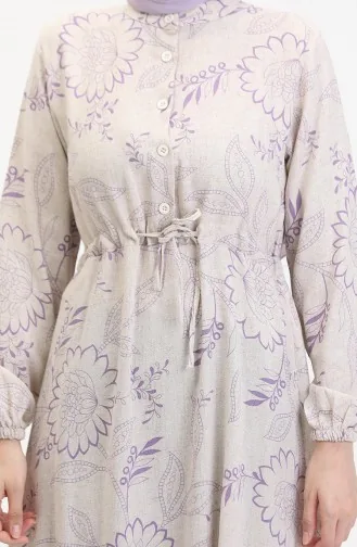 فستان كتان منقوش  0520C-05 بيج بنفسجي فاتح 0520C-03