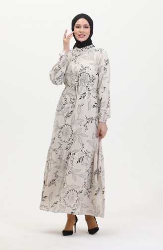 Robe Lin A Lacets Boutonné Devant 0520C-04 Beige Noir 0520C-04