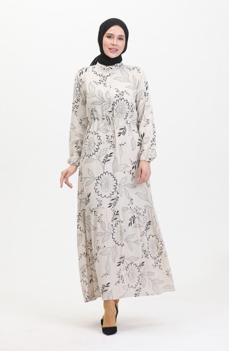 Robe Lin A Lacets Boutonné Devant 0520C-04 Beige Noir 0520C-04