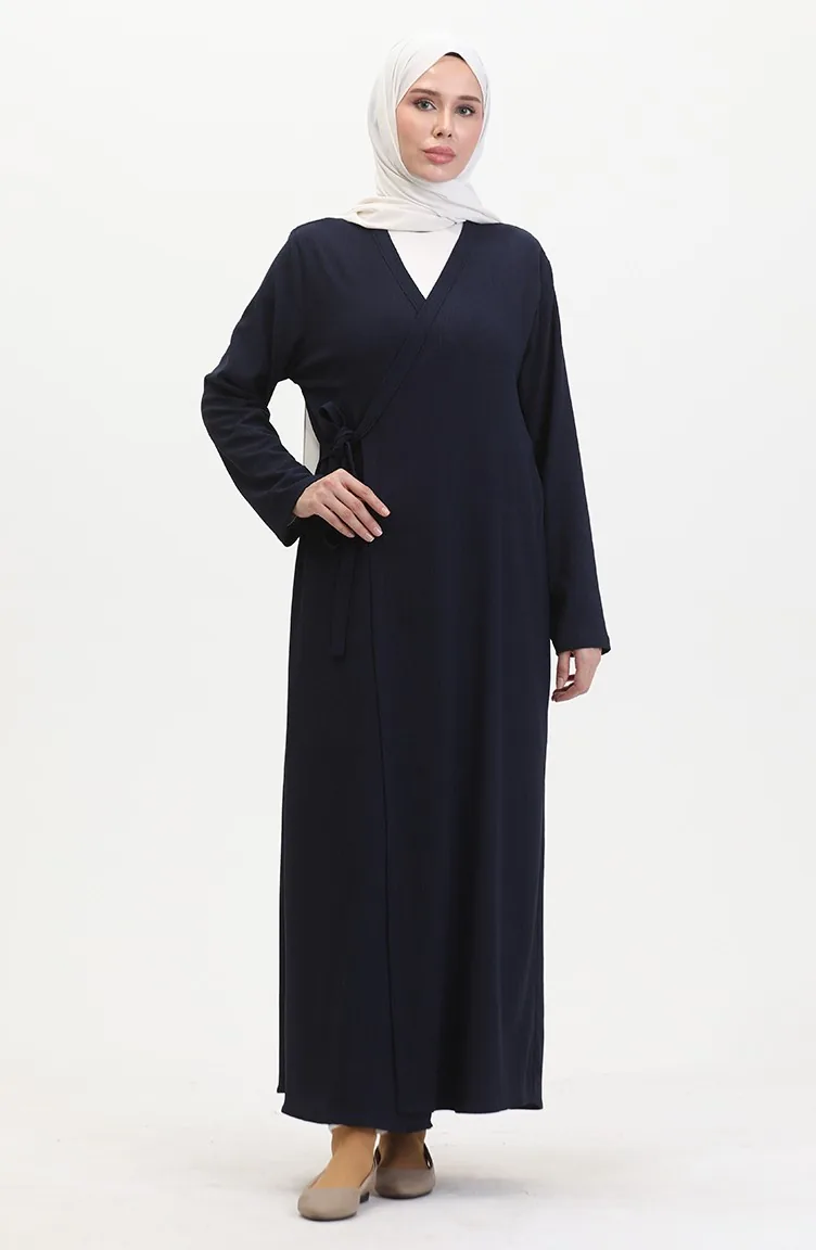 Bürümcük Kumaş Yandan Bağlamalı Namaz Elbisesi 1024-02 Lacivert