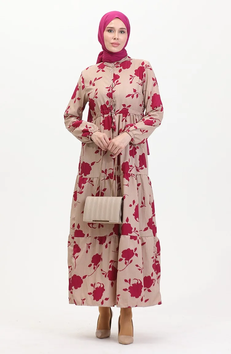 Jurk Met Kant En Patroon Aan De Voorkant 0516-01 Mink Fuchsia 0516-01