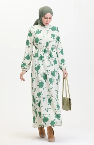 Front Buttoned Laced Patterned Dress 0516-02 Beige Emerald Green 0516-02