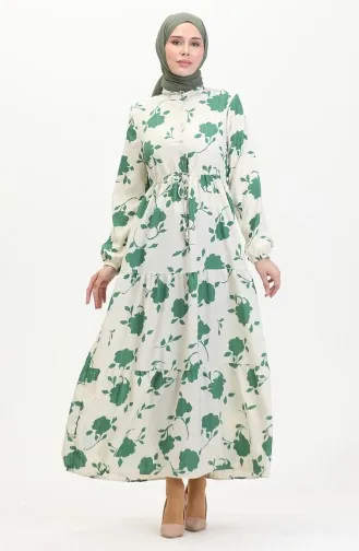 Front Buttoned Laced Patterned Dress 0516-02 Beige Emerald Green 0516-02