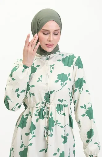 Front Buttoned Laced Patterned Dress 0516-02 Beige Emerald Green 0516-02