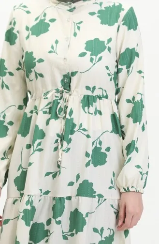 Front Buttoned Laced Patterned Dress 0516-02 Beige Emerald Green 0516-02