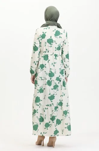 Front Buttoned Laced Patterned Dress 0516-02 Beige Emerald Green 0516-02