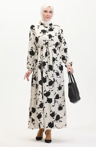 Robe à Motifs Dentelle Boutonné Devant 0516-05 Beige Noir 0516-05