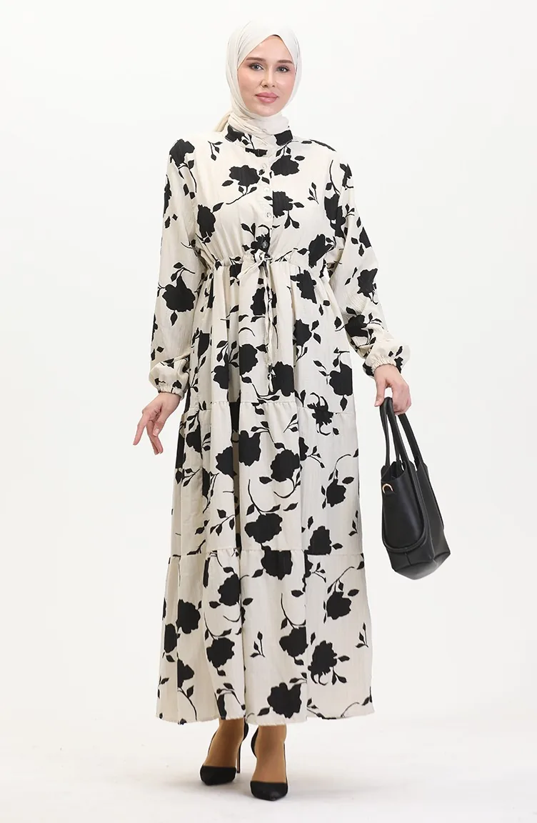 Robe à Motifs Dentelle Boutonné Devant 0516-05 Beige Noir 0516-05