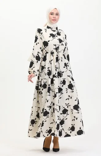 Robe à Motifs Dentelle Boutonné Devant 0516-05 Beige Noir 0516-05