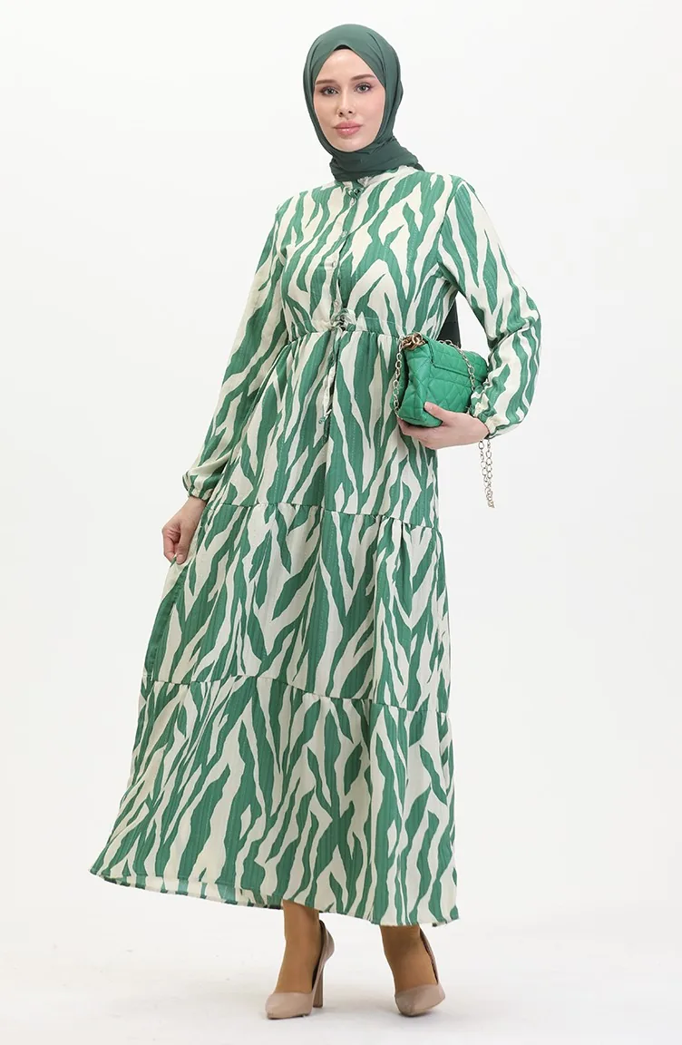 Robe à Motifs Dentelle Boutonné Devant 0517-03 Vert Beige 0517-03