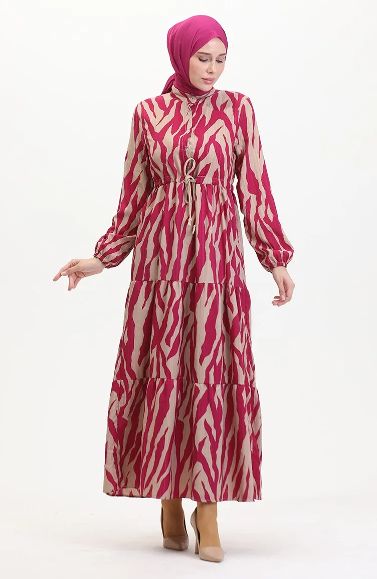 Robe à Motifs Dentelle Boutonné Devant 0517-05 Fuchsia Vison 0517-05