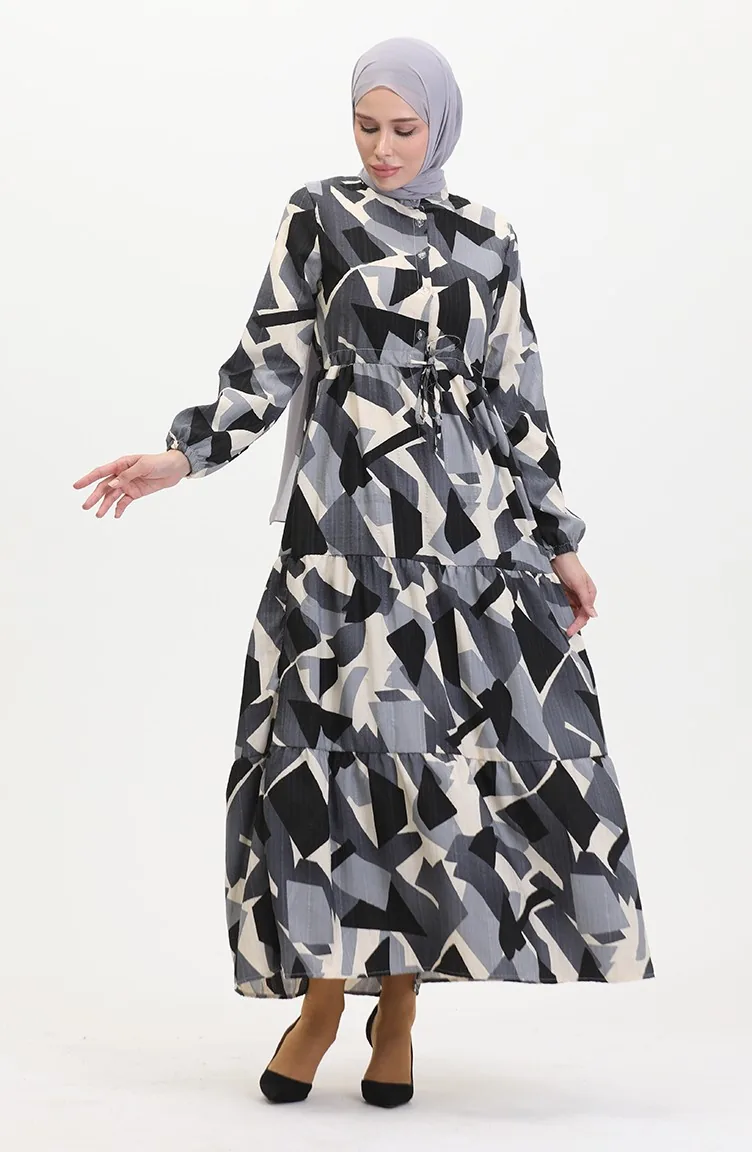 Front Buttoned Laced Patterned Dress 0518-01 Gray 0518-01