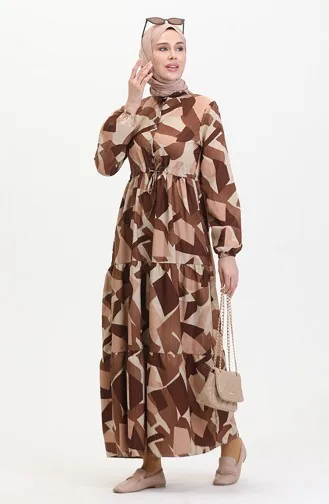 Robe à Motifs Dentelle Boutonnée Devant 0518-03 Marron 0518-03