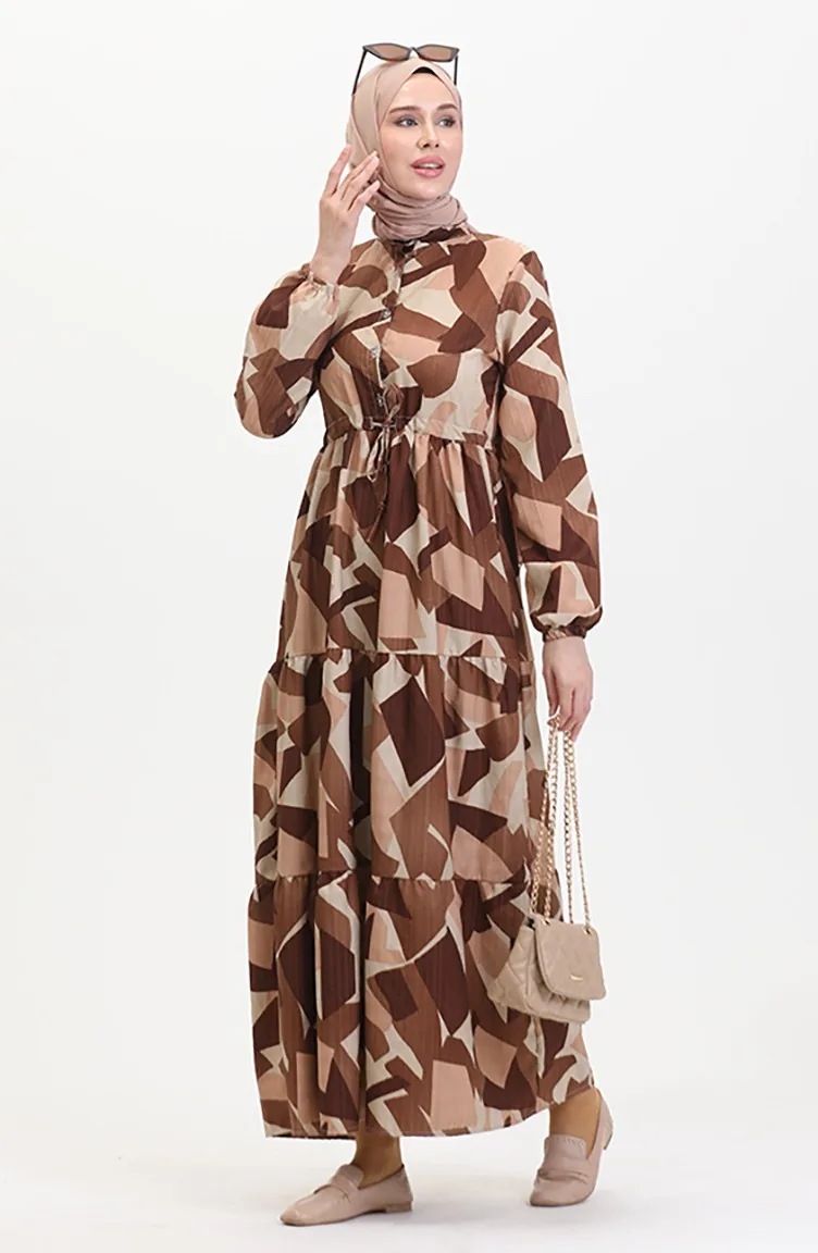 Robe à Motifs Dentelle Boutonnée Devant 0518-03 Marron 0518-03