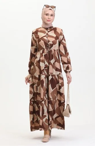 Robe à Motifs Dentelle Boutonnée Devant 0518-03 Marron 0518-03