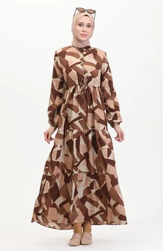 Robe à Motifs Dentelle Boutonnée Devant 0518-03 Marron 0518-03