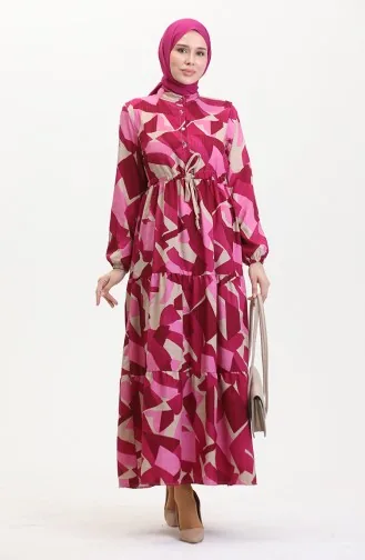 Jurk Met Kanten Patroon En Knopen Aan De Voorkant 0518-04 Fuchsia 0518-04