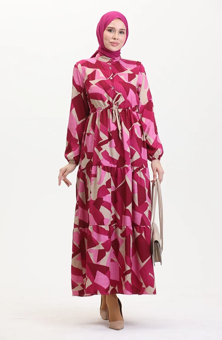 Jurk Met Kanten Patroon En Knopen Aan De Voorkant 0518-04 Fuchsia 0518-04