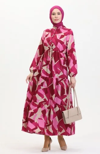 Jurk Met Kanten Patroon En Knopen Aan De Voorkant 0518-04 Fuchsia 0518-04