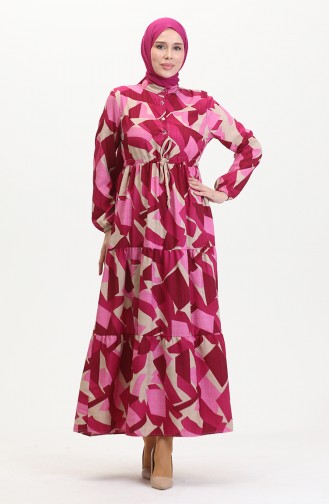 Robe à Motifs Dentelle Boutonné Devant 0518-04 Fuchsia 0518-04