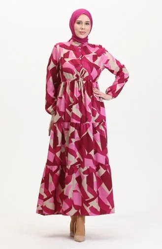 Jurk Met Kanten Patroon En Knopen Aan De Voorkant 0518-04 Fuchsia 0518-04