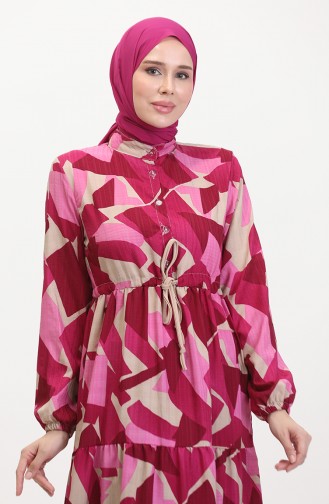 Robe à Motifs Dentelle Boutonné Devant 0518-04 Fuchsia 0518-04