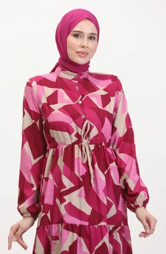 Jurk Met Kanten Patroon En Knopen Aan De Voorkant 0518-04 Fuchsia 0518-04