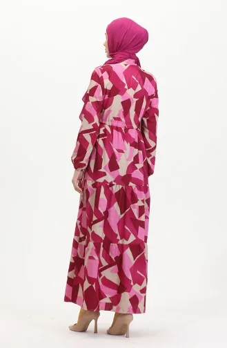 Jurk Met Kanten Patroon En Knopen Aan De Voorkant 0518-04 Fuchsia 0518-04