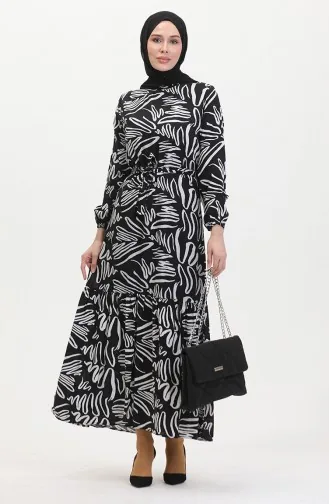 Robe Viscose A Motifs Et Ceinture 0519-01 Noir Blanc 0519-01
