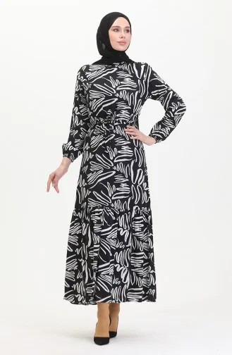 Robe Viscose A Motifs Et Ceinture 0519-01 Noir Blanc 0519-01