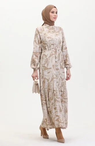 Önden Düğmeli Bağcıklı Keten Elbise 0520A-05 Bej Vizon