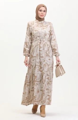 Önden Düğmeli Bağcıklı Keten Elbise 0520A-05 Bej Vizon