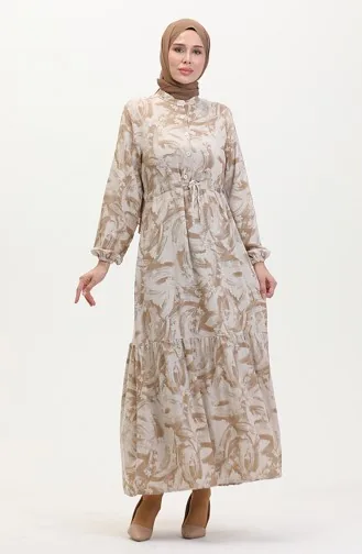 Önden Düğmeli Bağcıklı Keten Elbise 0520A-05 Bej Vizon