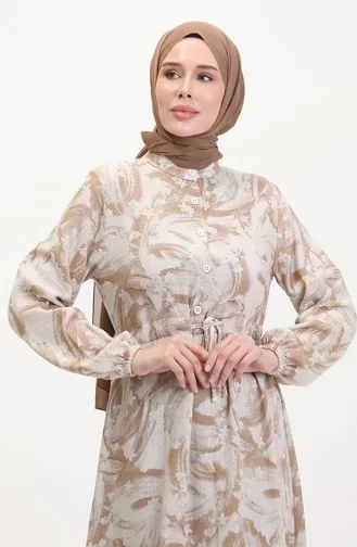 Önden Düğmeli Bağcıklı Keten Elbise 0520A-05 Bej Vizon