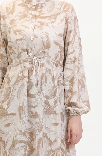 Önden Düğmeli Bağcıklı Keten Elbise 0520A-05 Bej Vizon