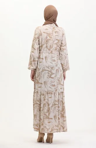 Önden Düğmeli Bağcıklı Keten Elbise 0520A-05 Bej Vizon