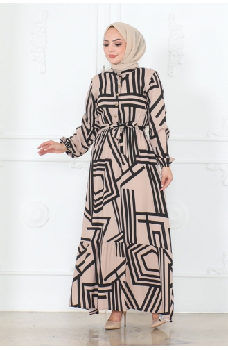 فستان فيسكوز مُخطط 7107-05 لون بني فاتح 7107-05
