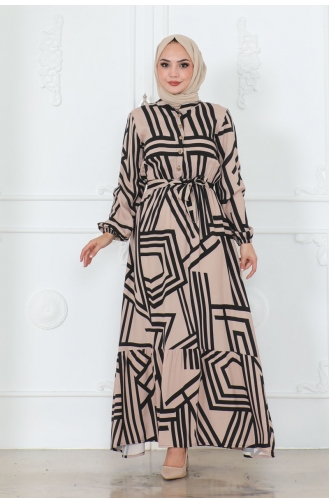 فستان فيسكوز مُخطط 7107-05 لون بني فاتح 7107-05