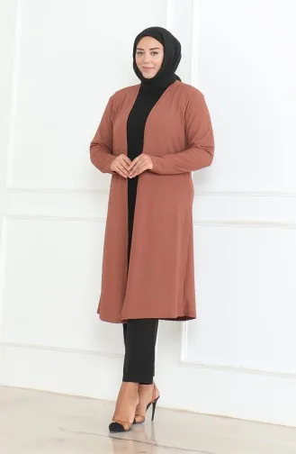 Büyük Beden Dökümlü Uzun Mevsimlik Hırka 8740-01 Kahverengi 8740-01