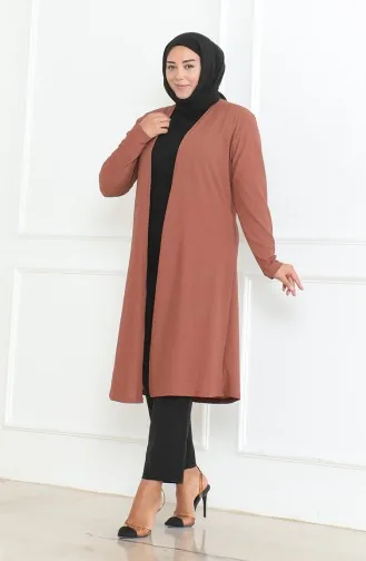Büyük Beden Dökümlü Uzun Mevsimlik Hırka 8740-01 Kahverengi 8740-01