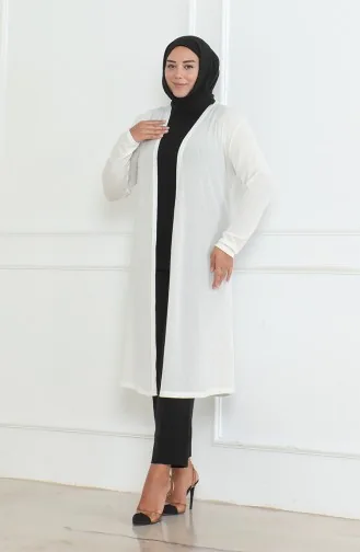 Büyük Beden Dökümlü Uzun Mevsimlik Hırka 8740-03 Kırık Beyaz 8740-03
