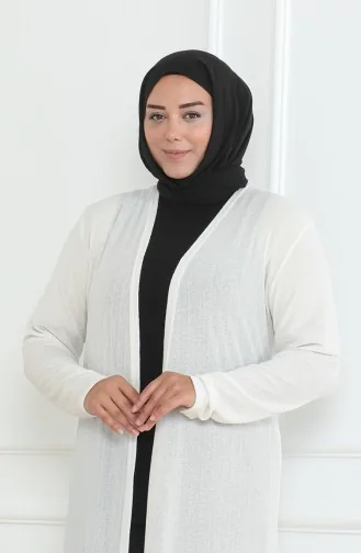 Büyük Beden Dökümlü Uzun Mevsimlik Hırka 8740-03 Kırık Beyaz 8740-03